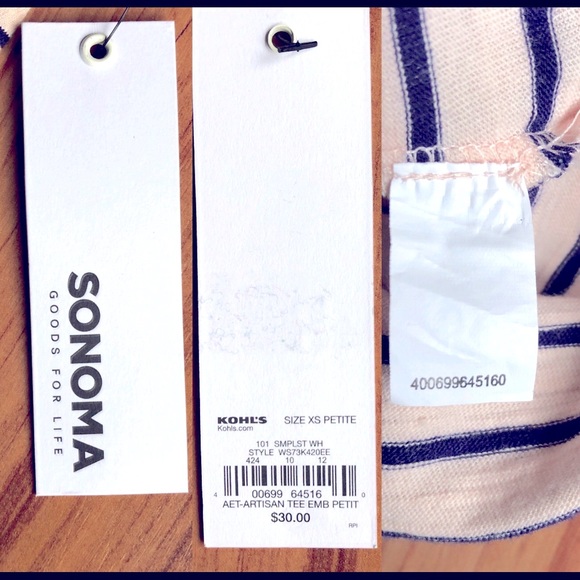 NEW SONOMA Butterfly Embroidery Tee Shirt Striped Petite XS Off White Women’s - Picture 3 of 16